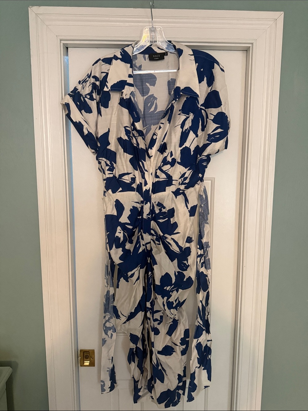 Vici Navy and Cream Floral Button-Front Midi Dress
